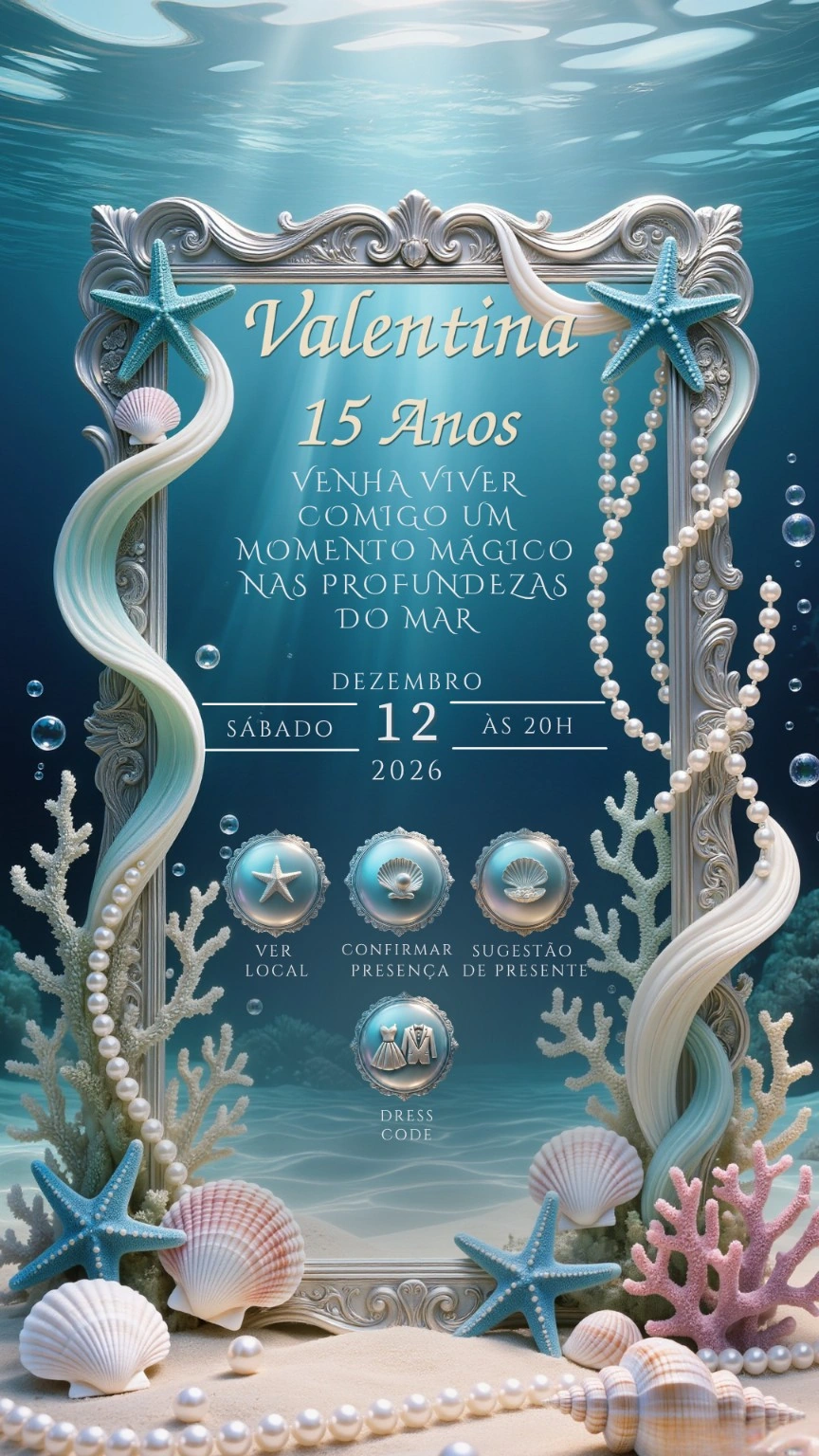 Valentina, 15 anos. Venha viver comigo um momento mágico nas profundezas do mar. Sábado, 12 de dezembro de 2026, às 20h.